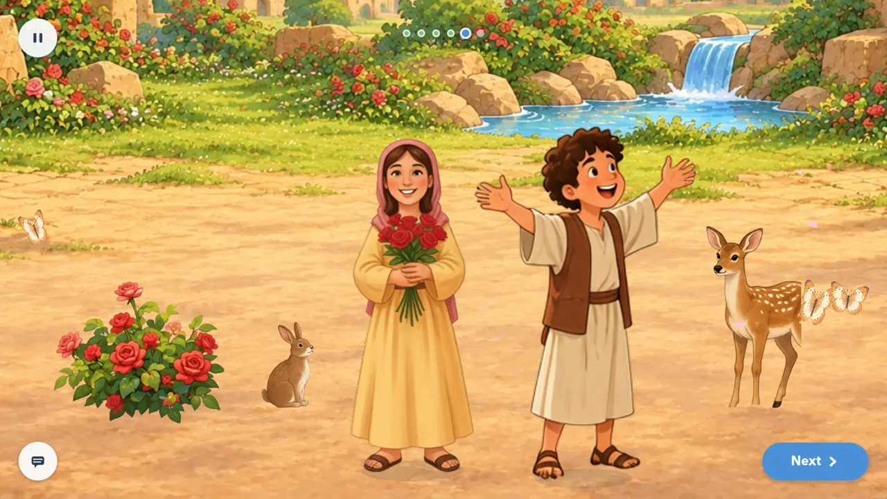 A page from the story of Prophet Ibrahim: two children in a rose garden